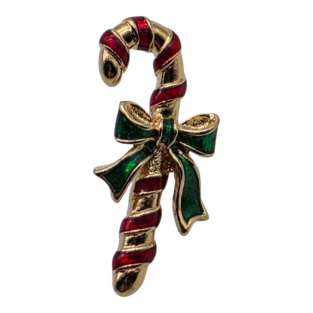 Avon Candy Cane Christmas Lapel Pin Gold Tone Red Enamel Vintage with Gift Box